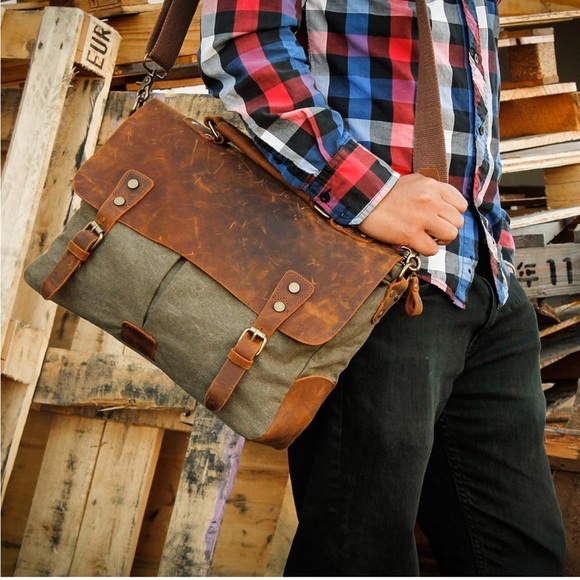 COPY - NEW Genuine Leather Canvas Messenger Bag - Picture 4 of 15